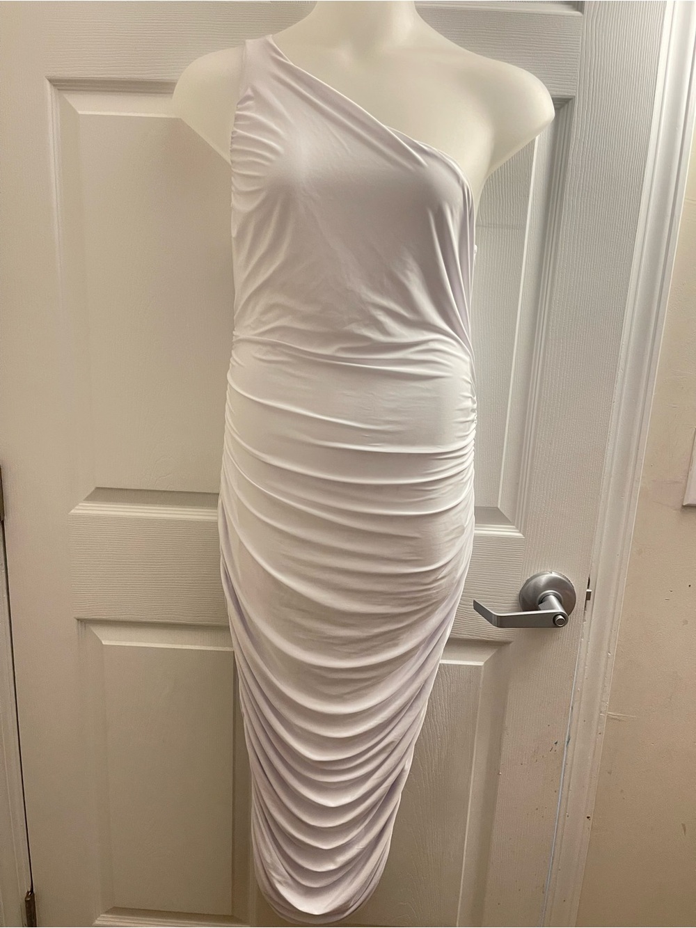 Fashion Nova One-Shoulder White Ruched Midi Dress